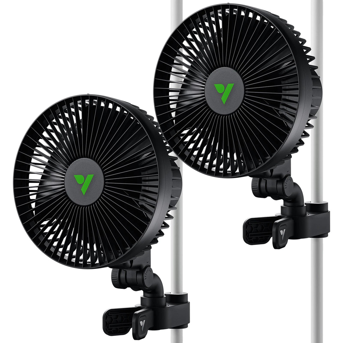 Two black VIVOSUN grow room fans with a green logo on a white background