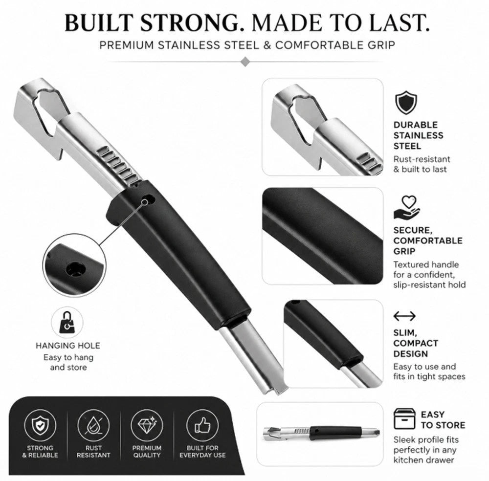Black adjustable jar opener kitchen tool with features highlighted on a white background