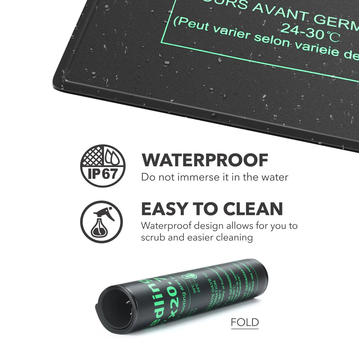 A black foldable waterproof seed starting heat mat with green text and graphics, shown on a white background with feature callouts reading 'WATERPROOF' and 'EASY TO CLEAN'.