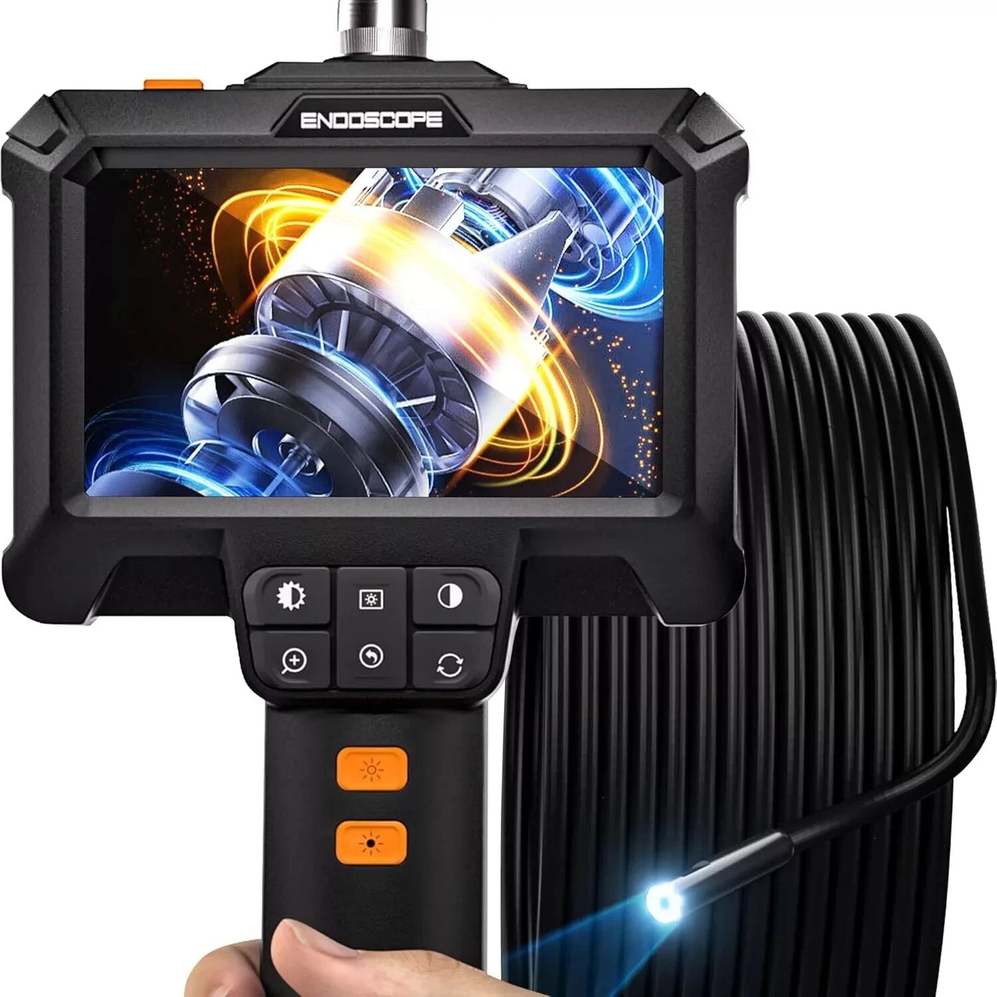 borescope screen showing moving color image with display and camera light shining