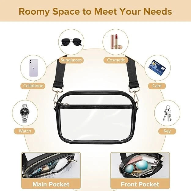 Clear bag with black strap featuring pockets for holding items like sunglasses, cosmetics, credit & debit cards, cellphone, watch, keys, with main & front pockets