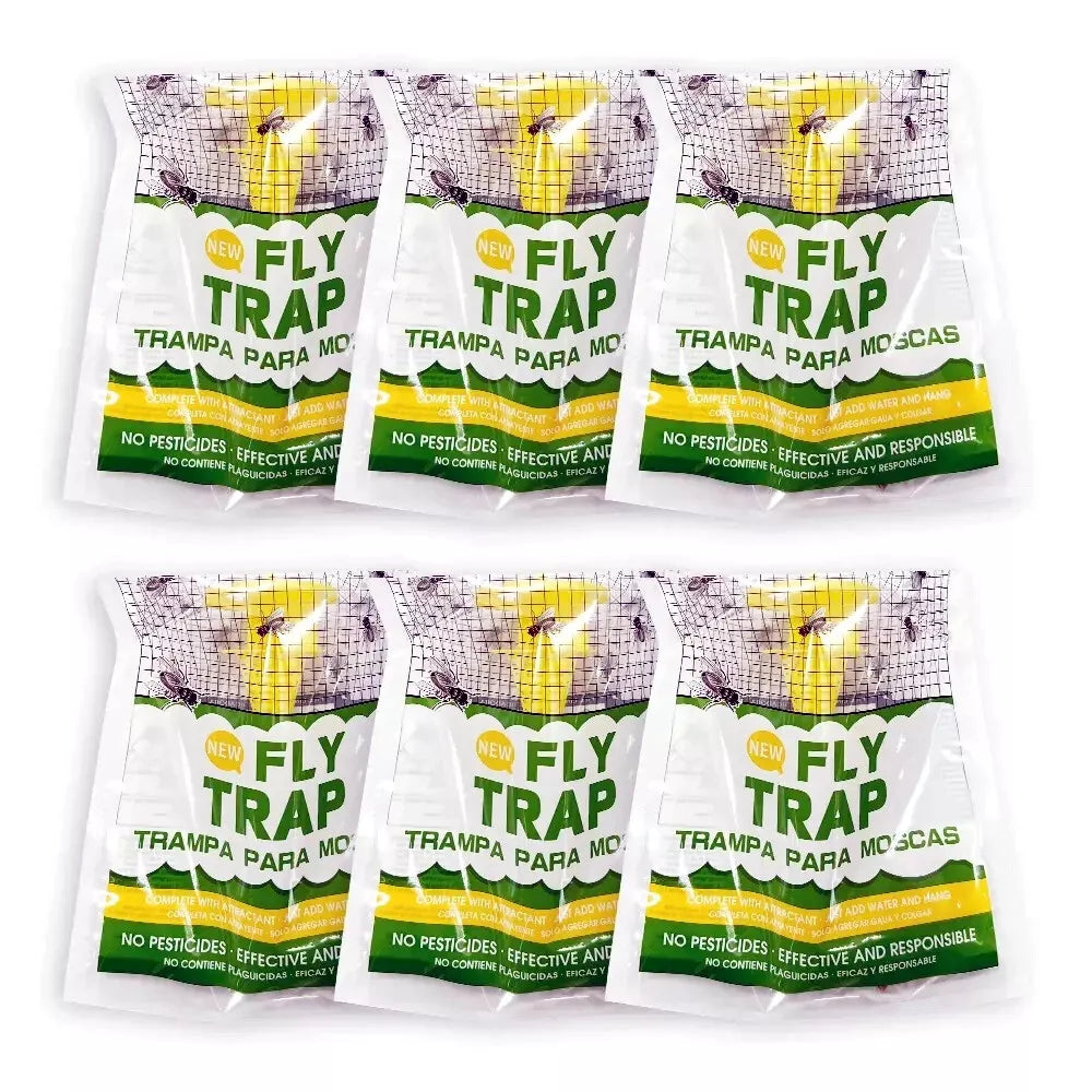 Six fly traps in packaging on a white background