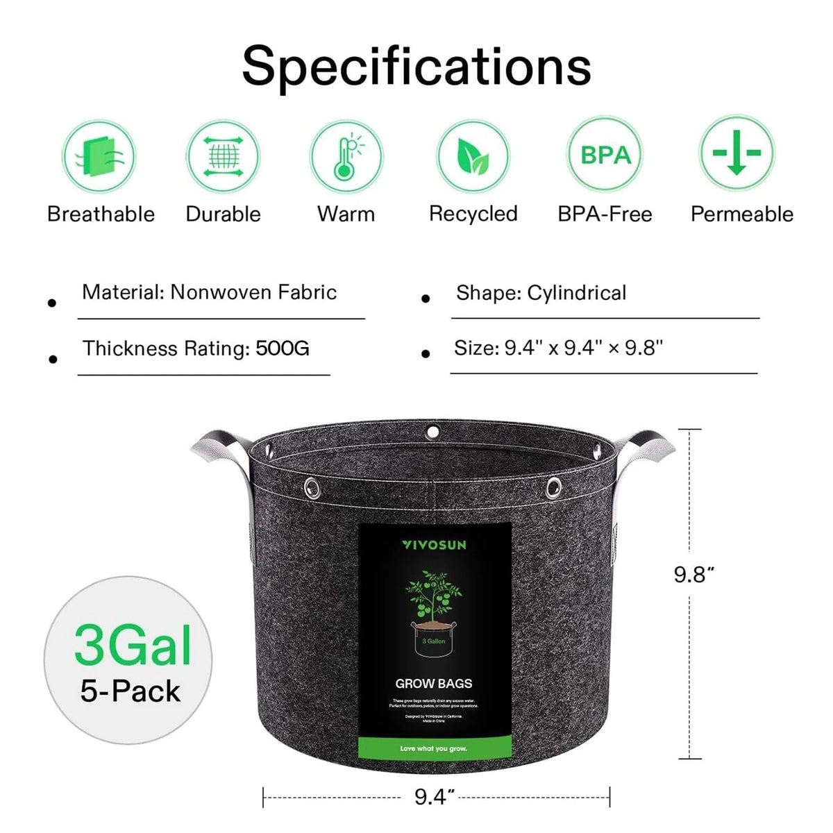 Specifications graphic for a 3Gal 5-Pack of VIVOSUN nonwoven felt grow bags. The image features a cylindrical dark gray felt grow bag with metal handles, dimension markings showing 9.
