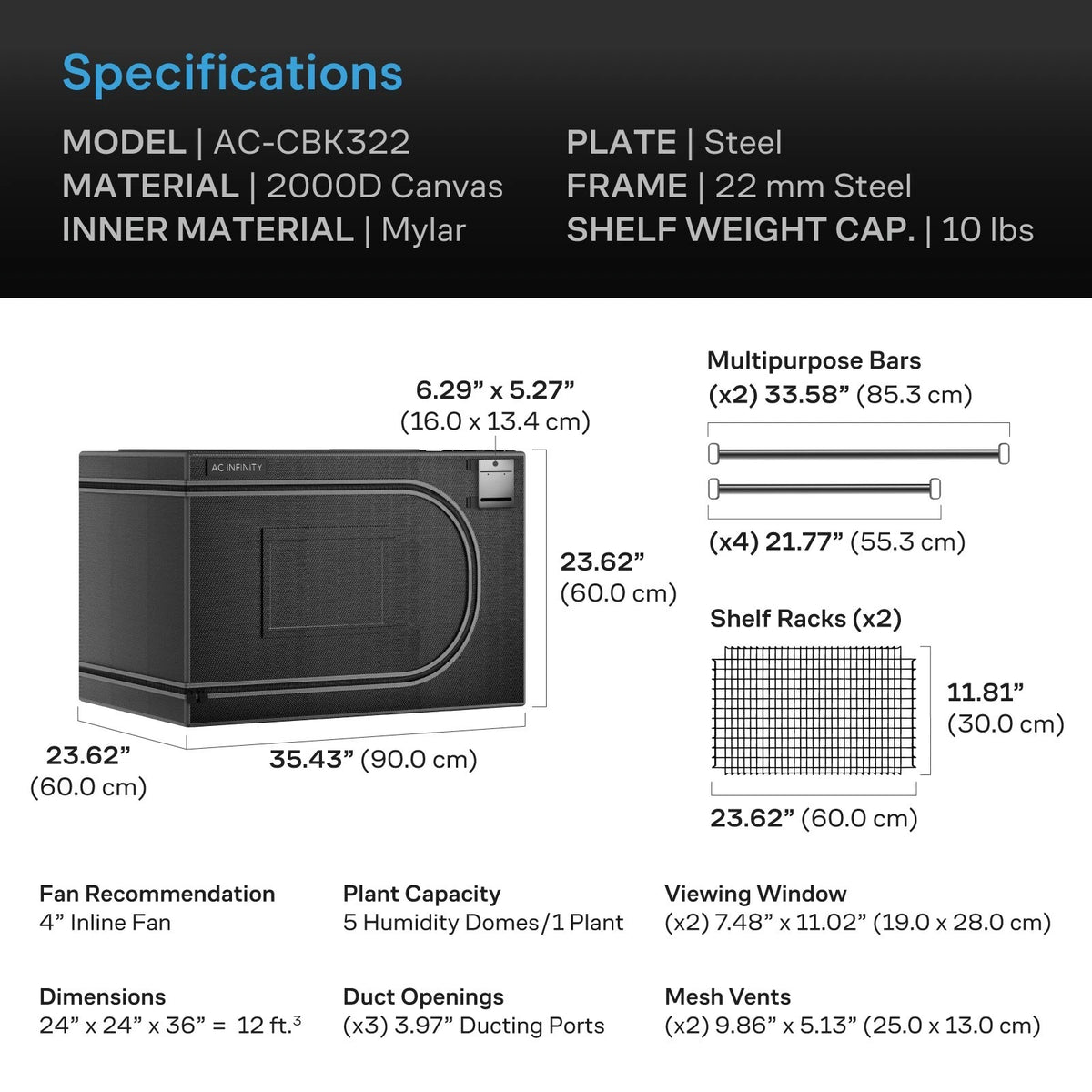 Product specifications for a COULDLAB Advance propagation grow tent with dimensions and features listed.