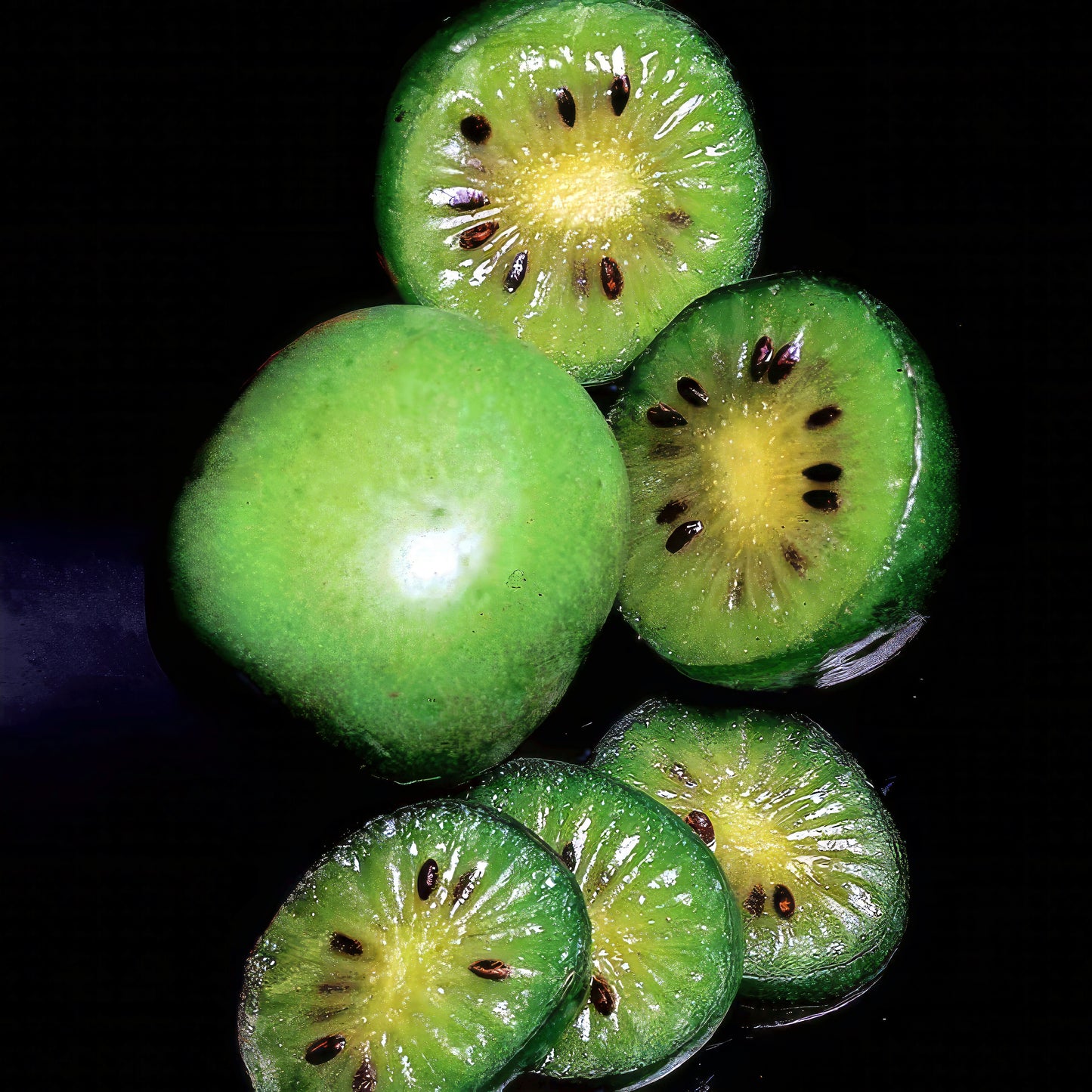 Green Issai kiwi fruit with a few slices on a dark background