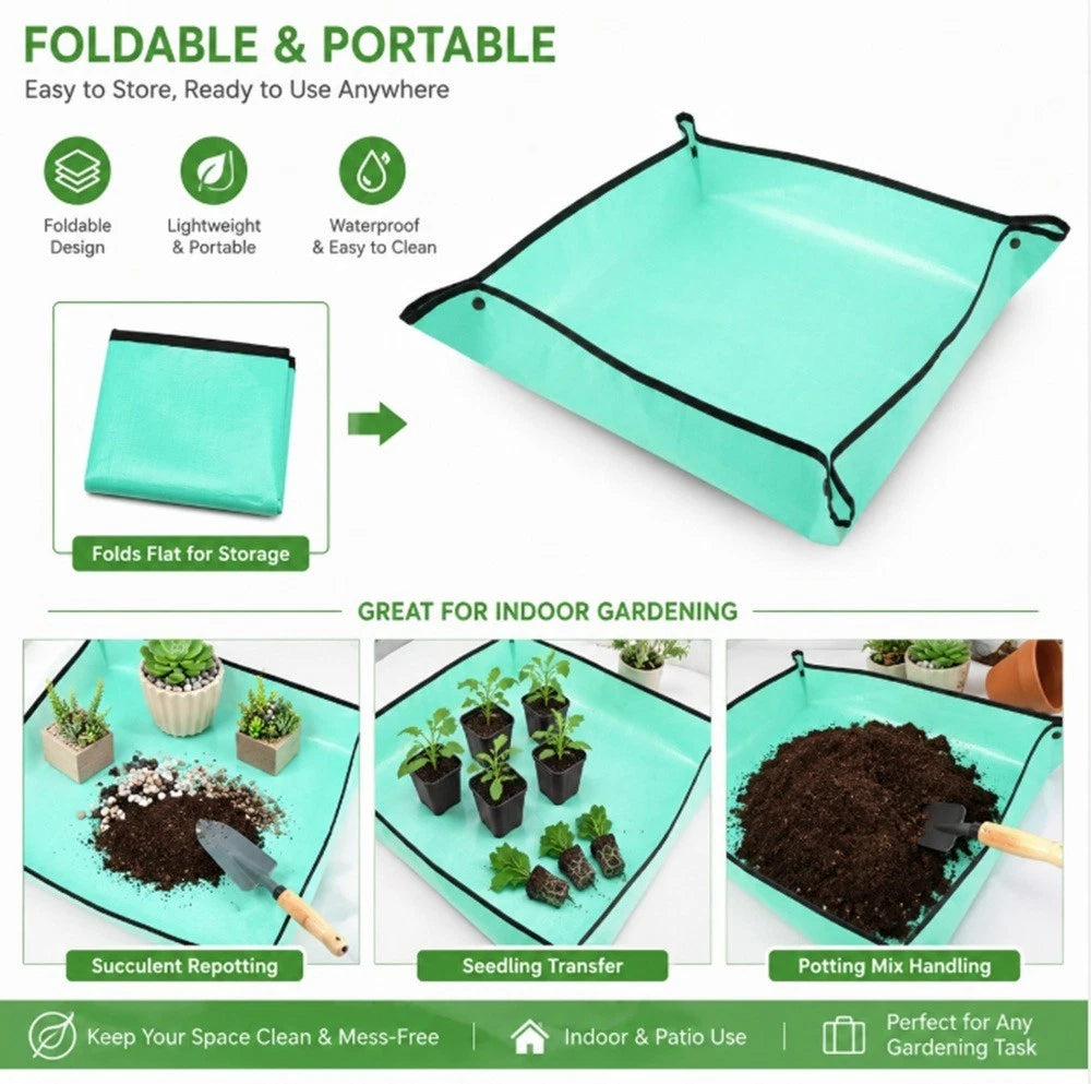 Foldable and portable garden repotting mat with features and uses displayed.