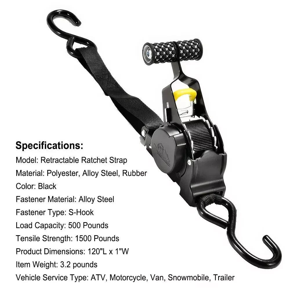 auto Retractable ratchet strap with specifications on a white background