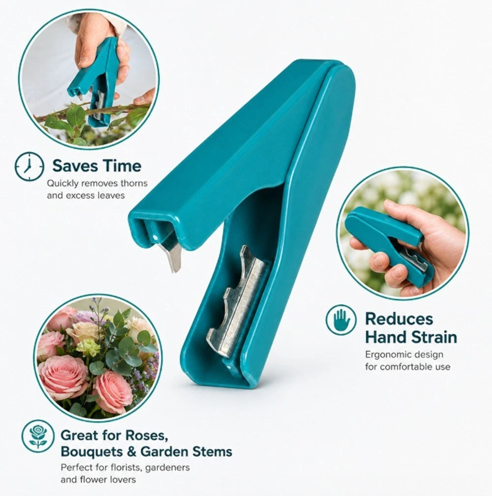 A teal plastic rose thorn stripper showing three circular inset images demonstrating its use, with text highlighting benefits such as saving time, reducing hand strain, and being great for roses, bouquets, and garden stems.