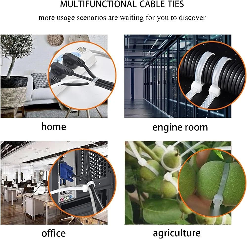 Multifunctional cable ties used in various settings including home, engine room, office, and agriculture.