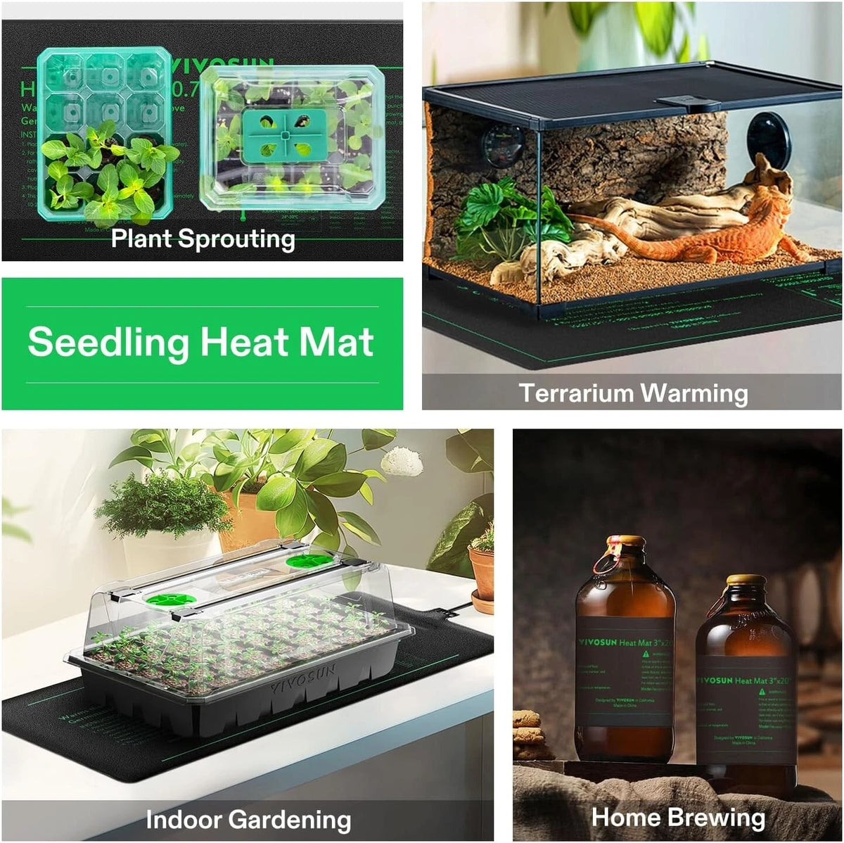 Collage of seedling heat mat, terrarium, indoor gardening setup, and home brewing bottles with text labels.