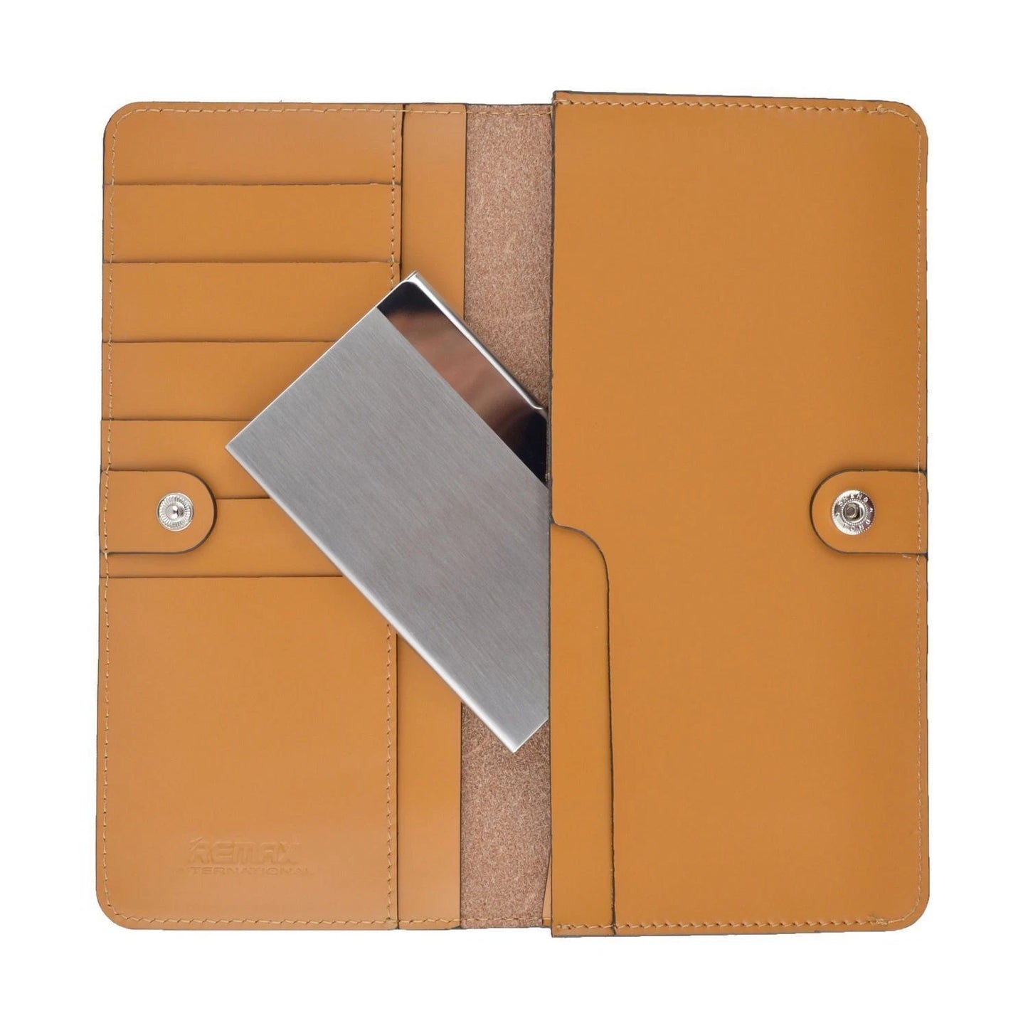 Brown leather wallet with a silver stainless steel metal cardholder on a white background