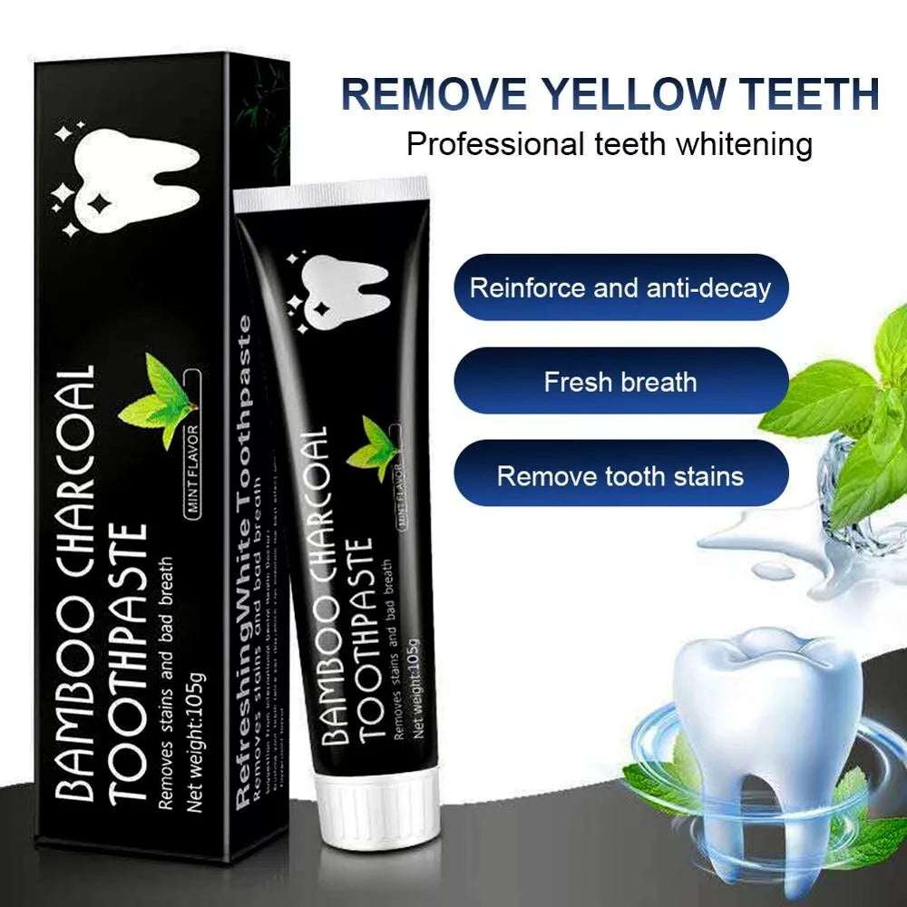 Bamboo Charcoal Toothpaste with packaging and benefits listed on a white background