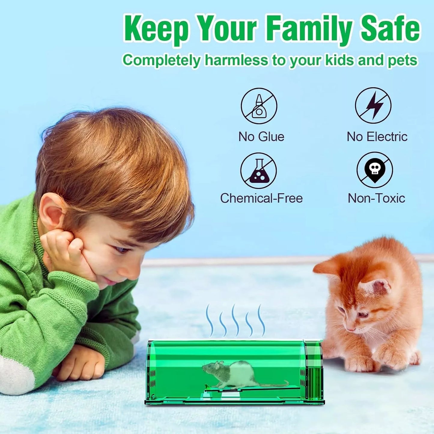 Child and cat with live mouse trap, safe from glue, electricity, chemicals and toxins.