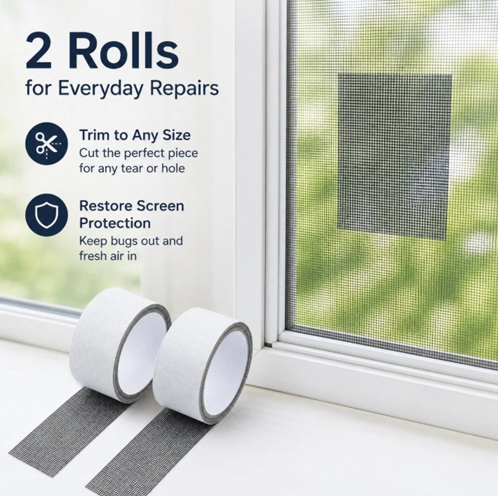 Two rolls of gray screen repair tape displayed on a windowsill next to a window with the tape applied to the screen. Text on the left explains that 2 rolls are sufficient for everyday repairs and shows icons for trimming to any size and restoring screen protection.