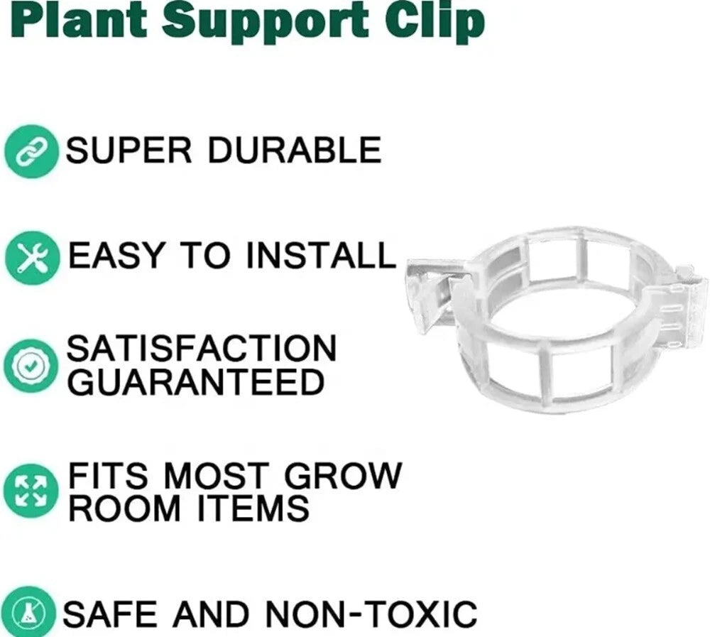 White plant support clip with features listed on a white background