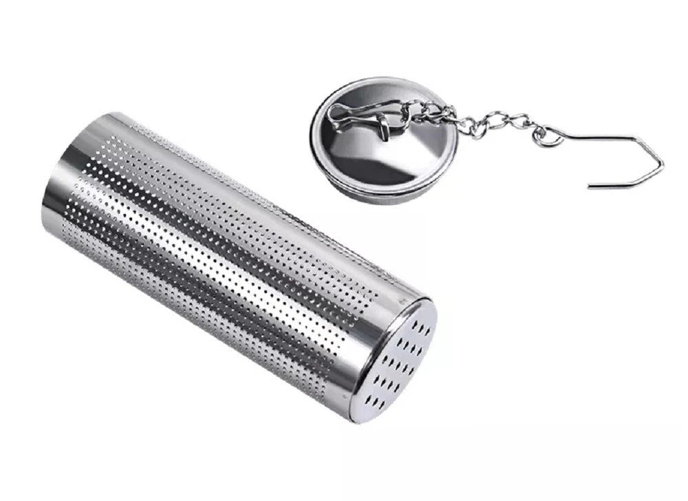 Stainless steel tea infuser with hanging chain on a white background