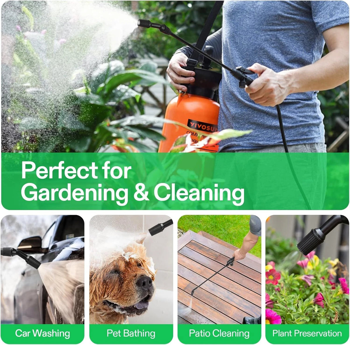 Person using a VIVOSUN pressure pump sprayer with text indicating its use for gardening and cleaning tasks.