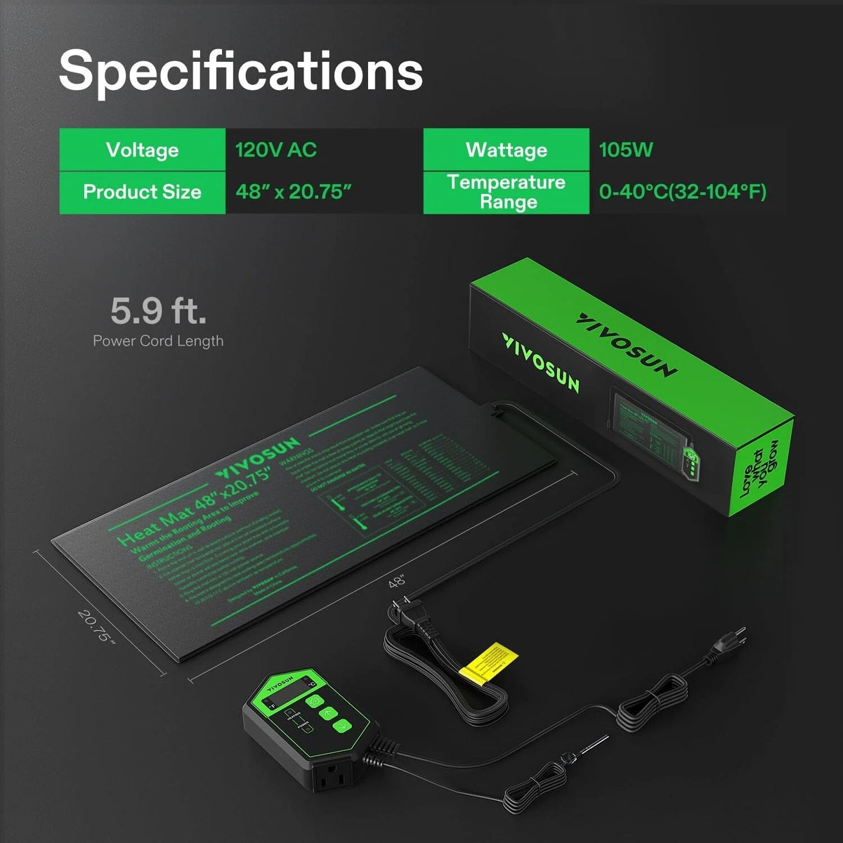 Specification and product display graphic for a VIVOSUN 120V AC 105W heat mat. The image shows the black heat mat with green text, its green and black retail box, a power cord, a digital controller, and a yellow connector plug, all arranged on a dark background with text overlays detailing voltage, product size, temperature range, and power cord length.