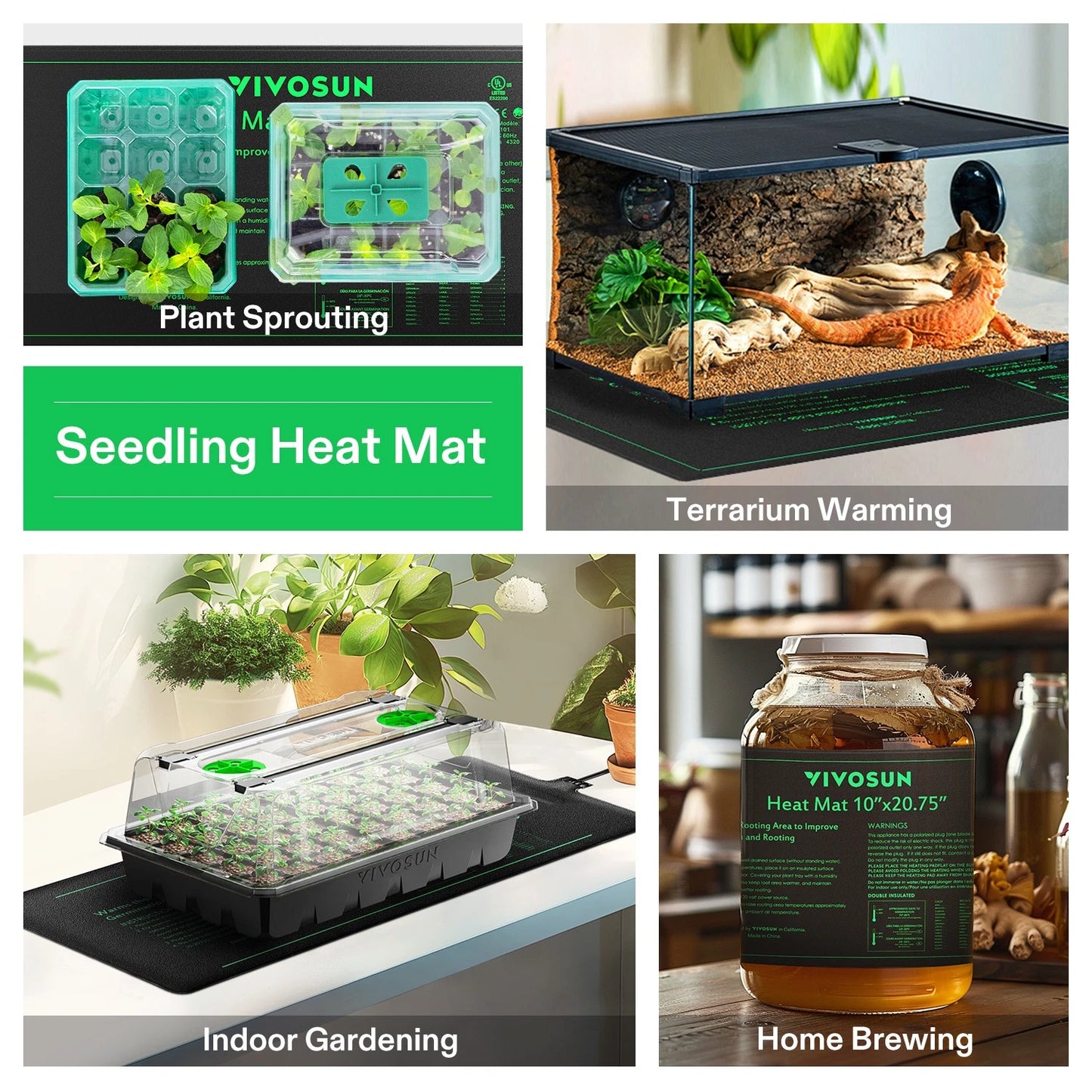 Collage of VIVOSUN products including a plant sprouting mat, terrarium warming system, seedling heat mat, and a jar with a label.