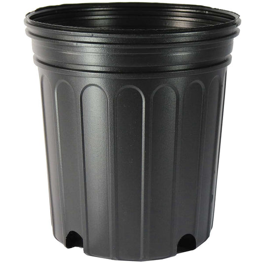 Black plastic 1 gallon nursery pot with ribbed design on a white background