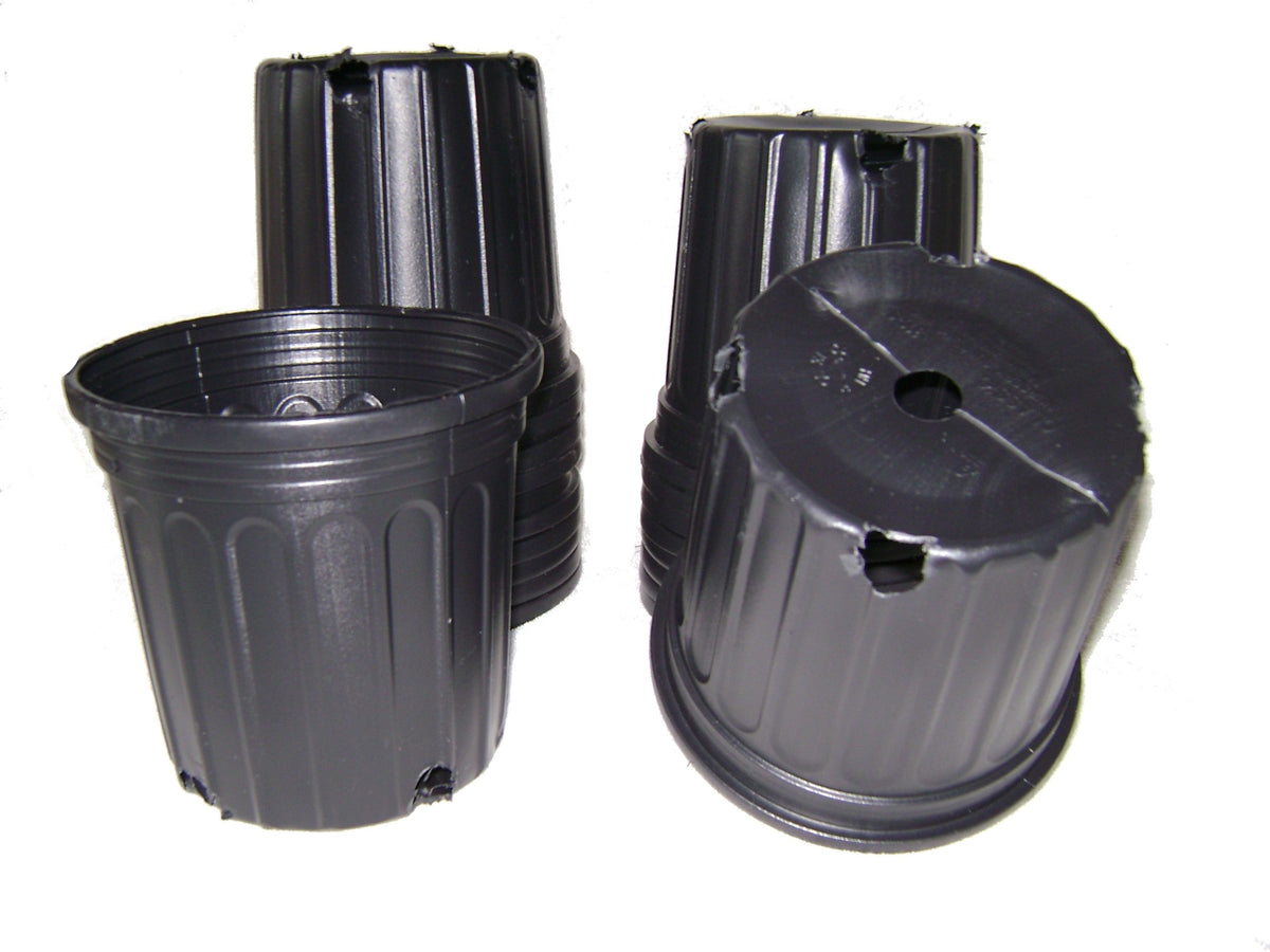 Set of black 1 gallon plastic nursery pots and planters on a white background