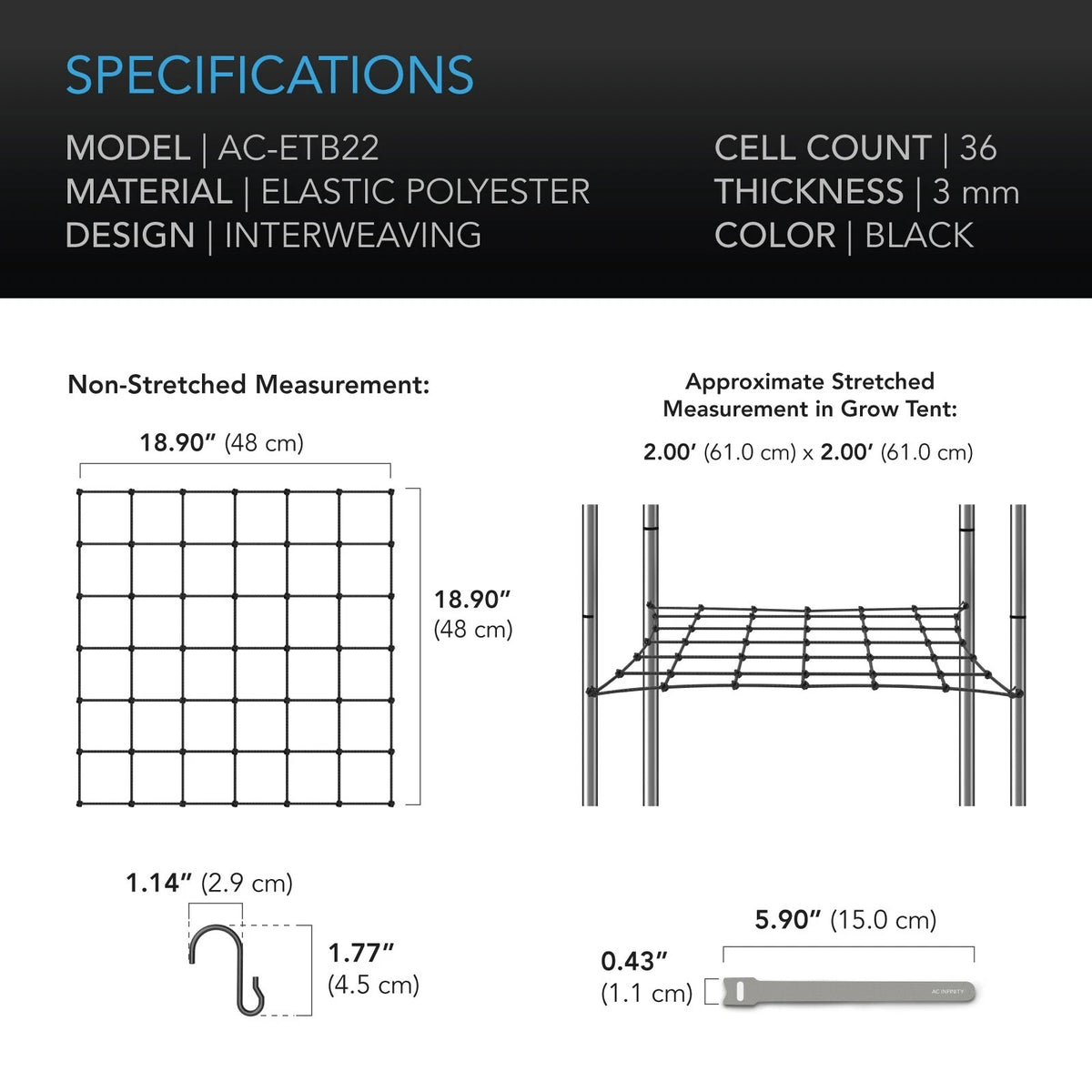 Technical specifications and measurements of a black elastic grow tent trellis with interweaving design.