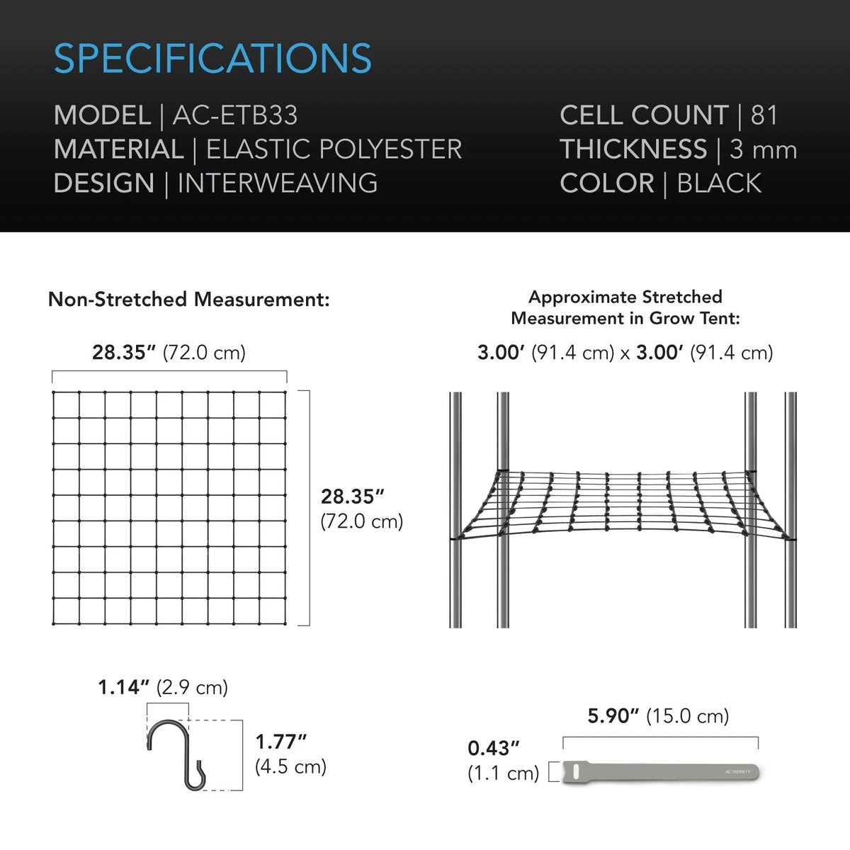 Specification and measurement chart for an elastic grow tent trellis net, model AC-ETB33, in black. The graphic shows non-stretched dimensions (28.