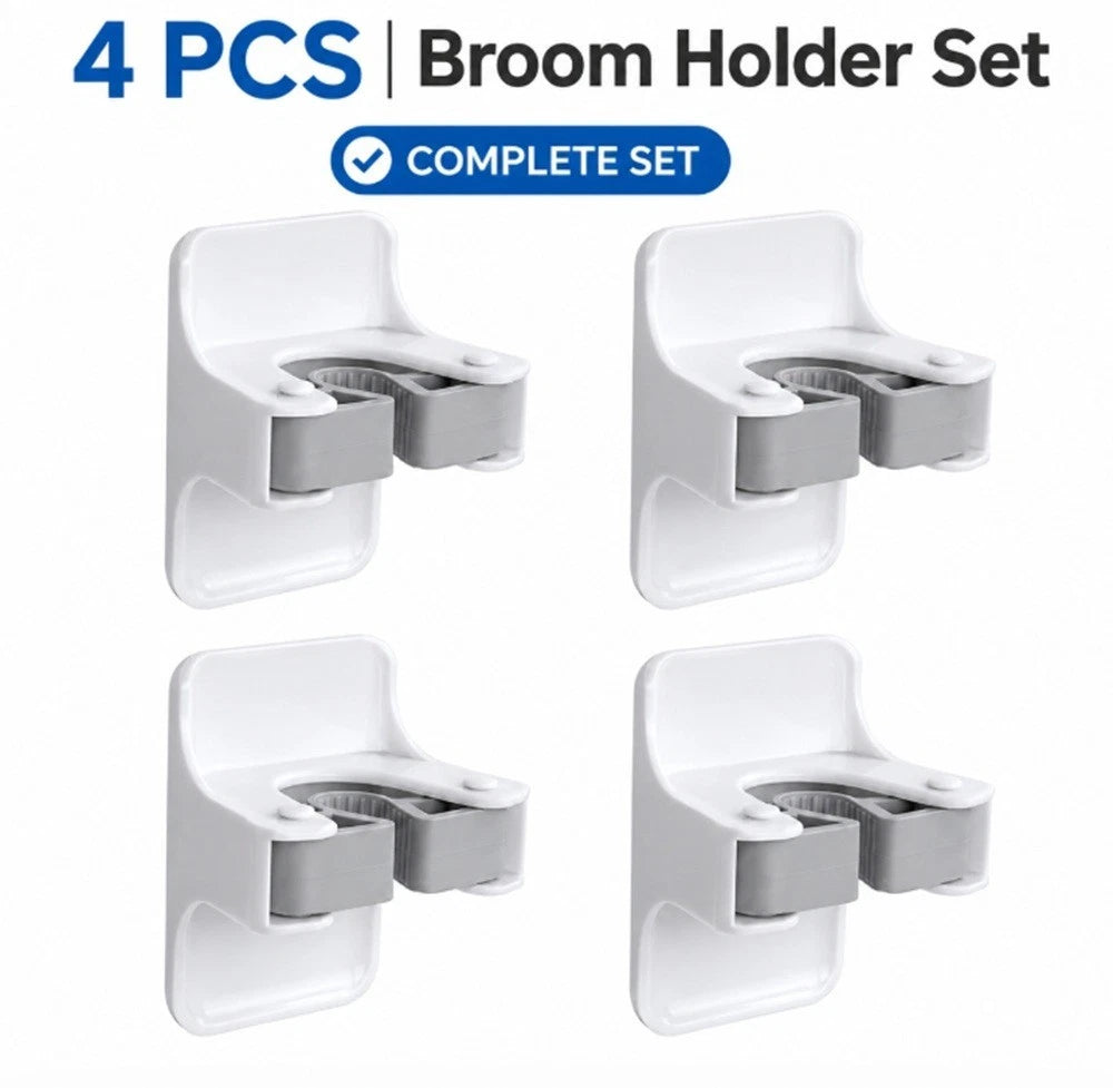 Four white and gray broom holder Wall Mount Self Adhesive Gripper Rack sets on a white background