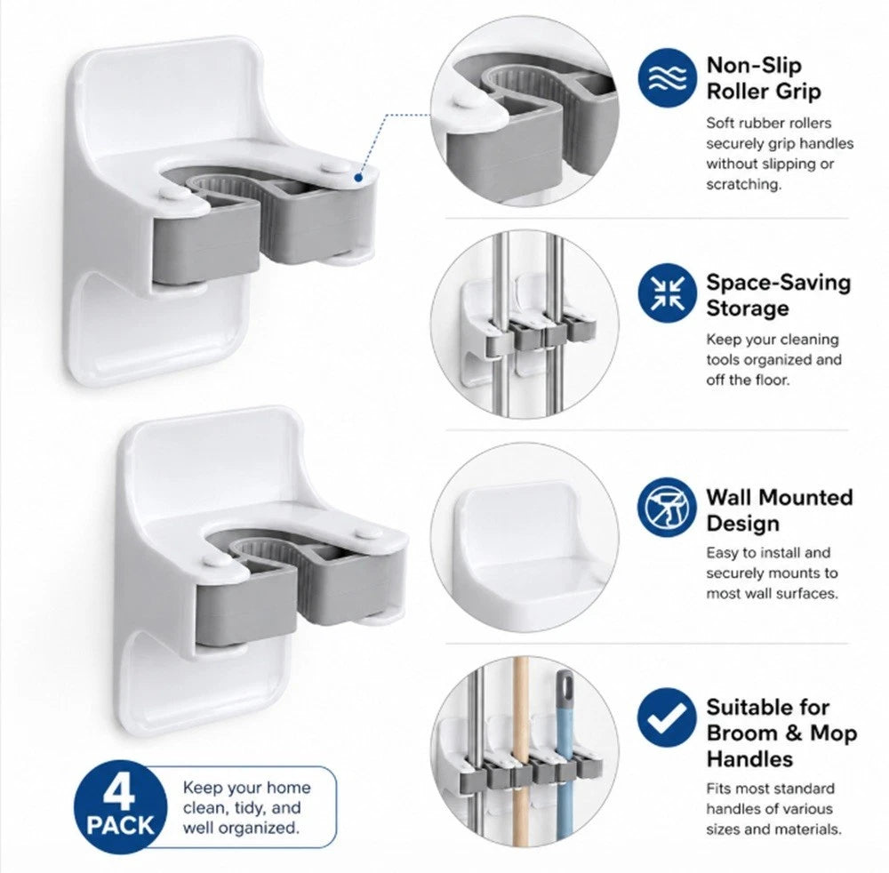 Wall-mounted cleaning tool holder with features highlighted on a white background