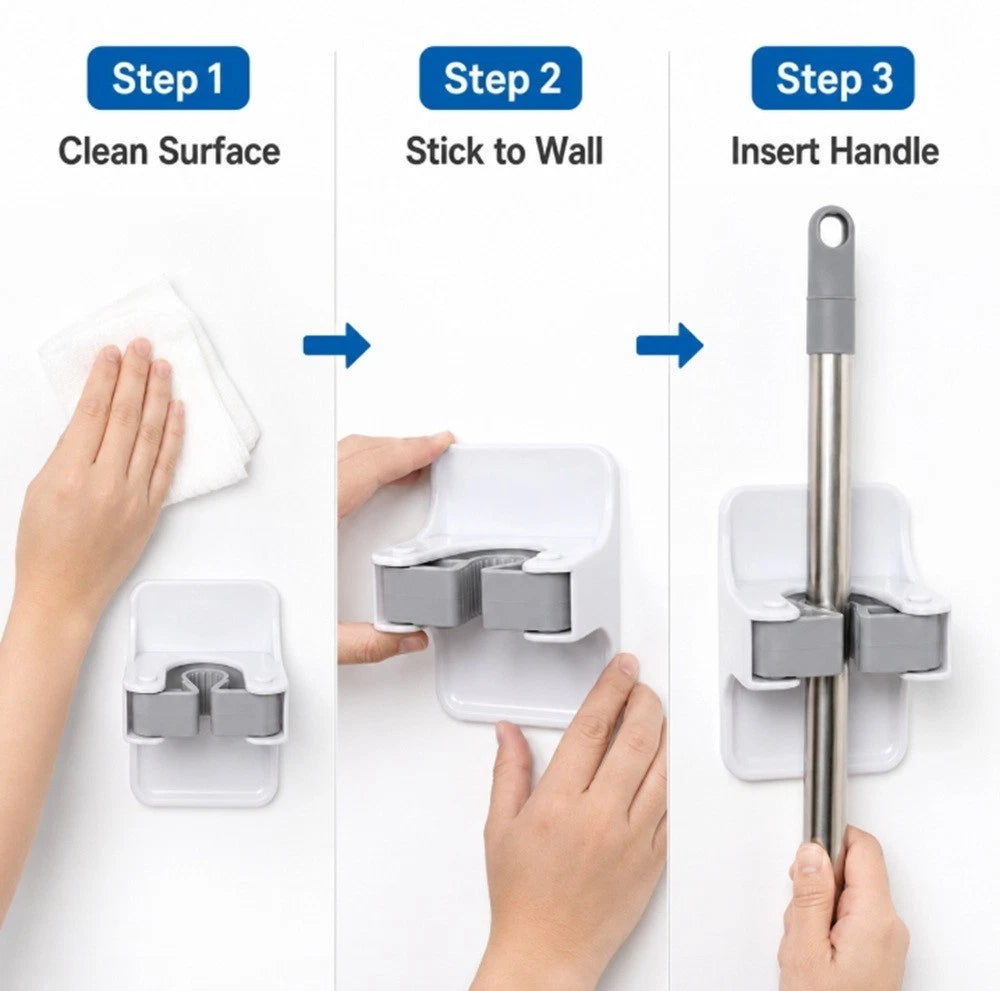 Step-by-step guide on how to use a wall-mounted Self Adhesive Gripper Rack holding cleaning tool with hands performing each step.