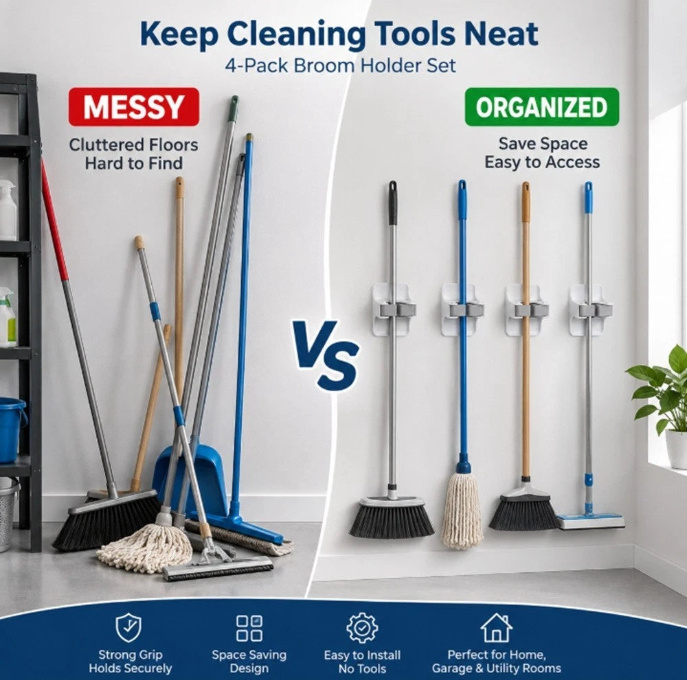 Comparison of messy vs organized broom storage with a 4-pack broom holder Wall Mount Self Adhesive Gripper Rack set.