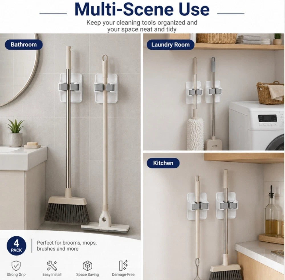 Cleaning tool organizer Wall Mount Self Adhesive Gripper Rack with brooms and mops in bathroom, laundry room, and kitchen settings.