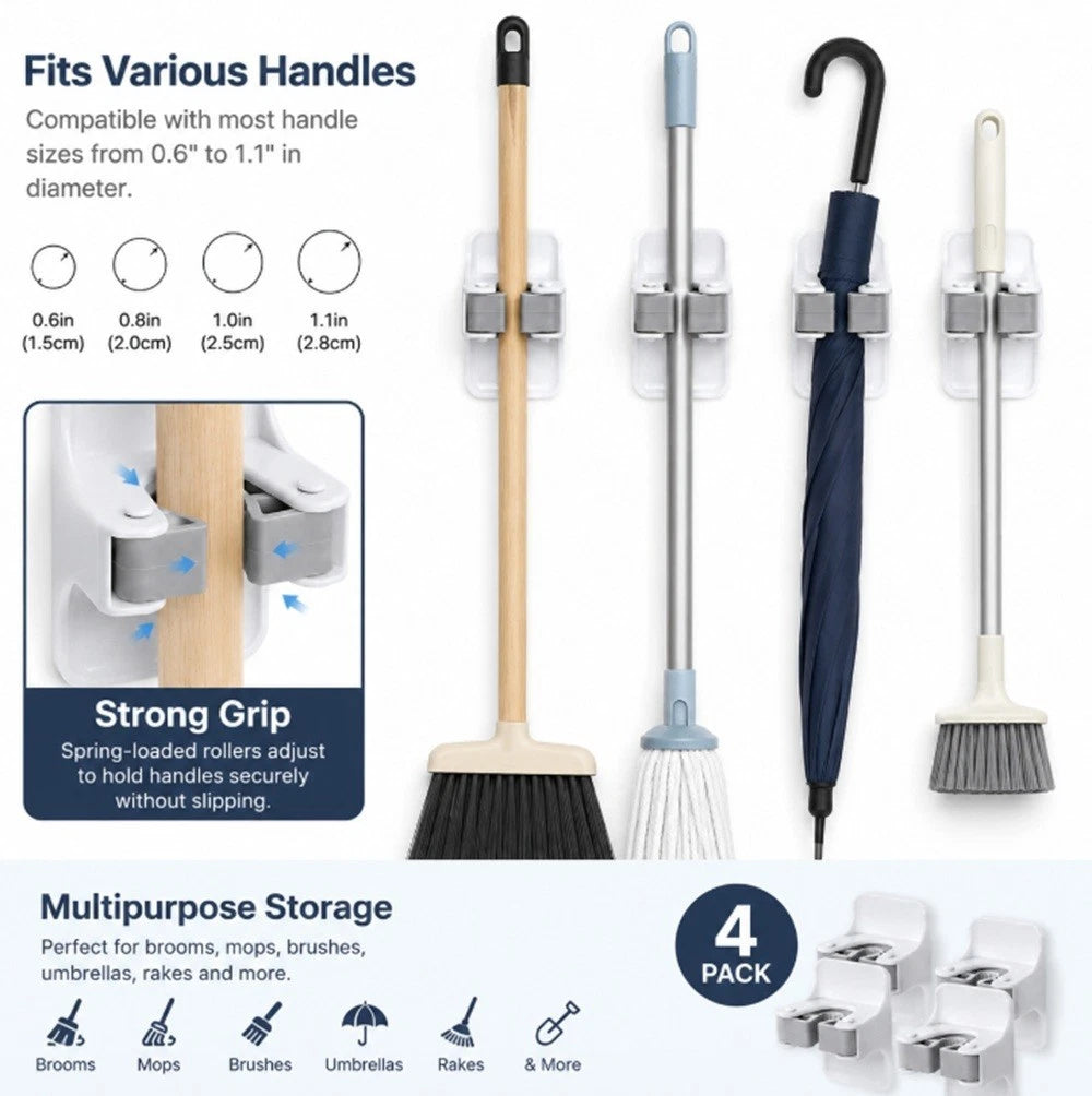 Wall-mounted Self Adhesive Gripper Rack storage holder with multiple handles for brooms, mops, and umbrellas on a white background.