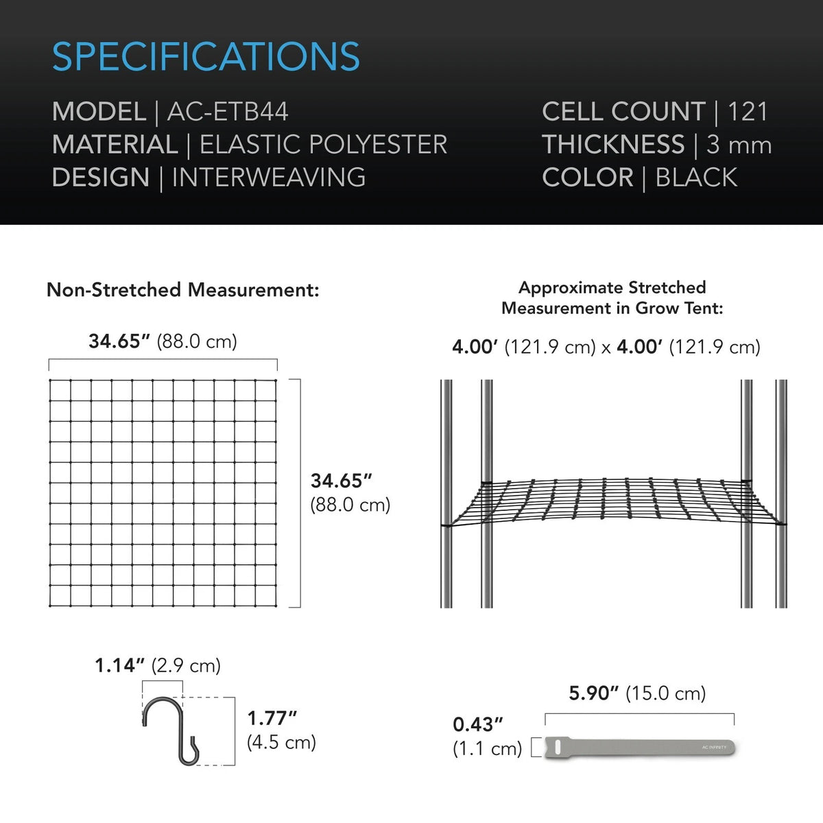 Technical specifications and measurements of an elastic grow tent trellis with dimensions and material details.