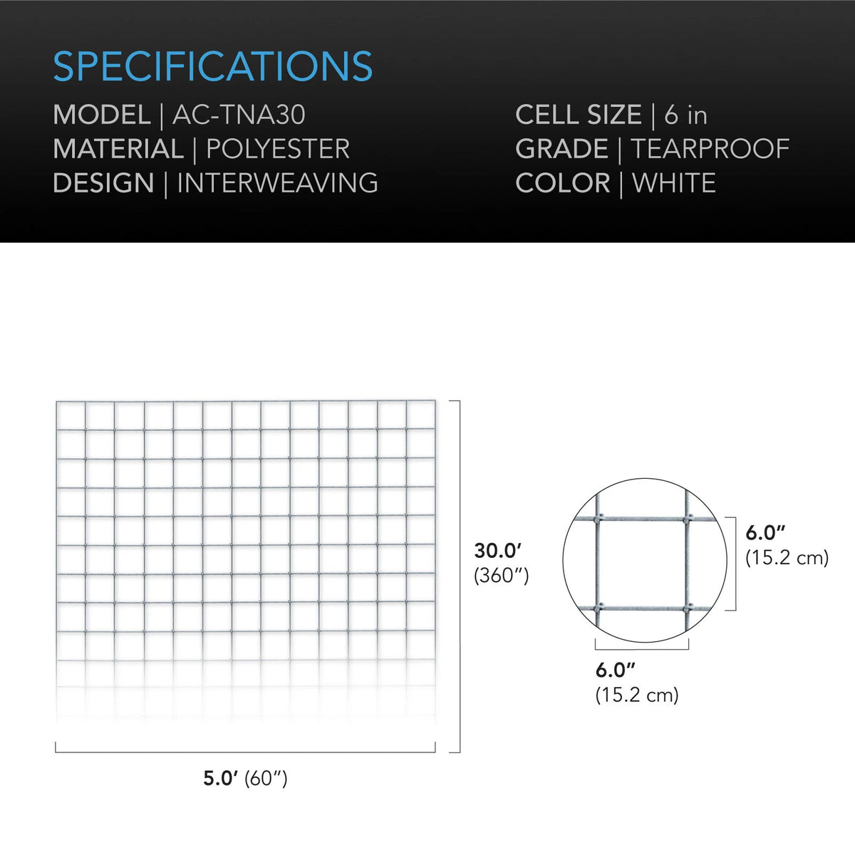 Technical specifications and grid layout of a white polyester trellis net with tearproof grade.