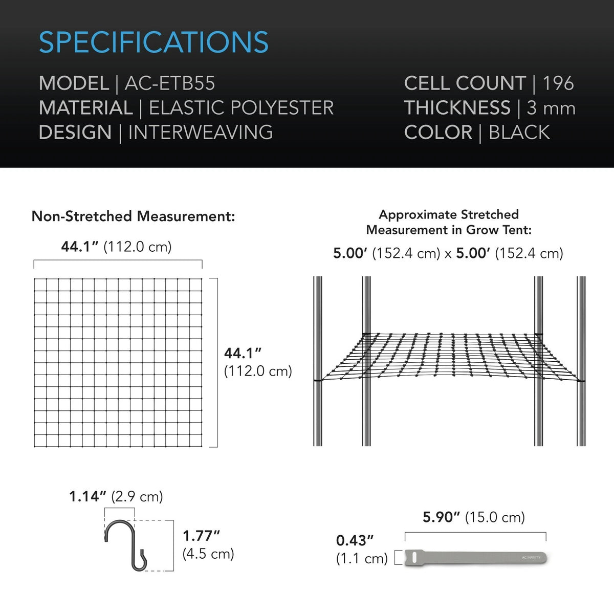 Technical specifications and measurements of an elastic grow tent trellis net grid with interweaving design.