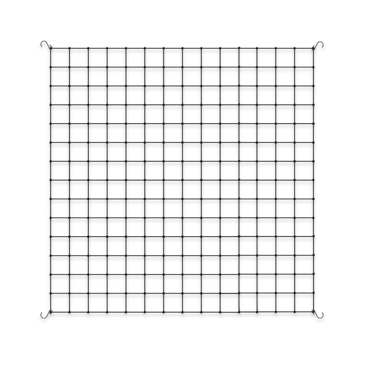 A square black grow tent trellis with small hanging hooks at each corner, shown on a plain white background.