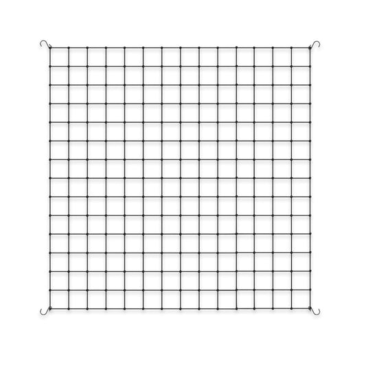 A square black grow tent trellis with small hanging hooks at each corner, shown on a plain white background.