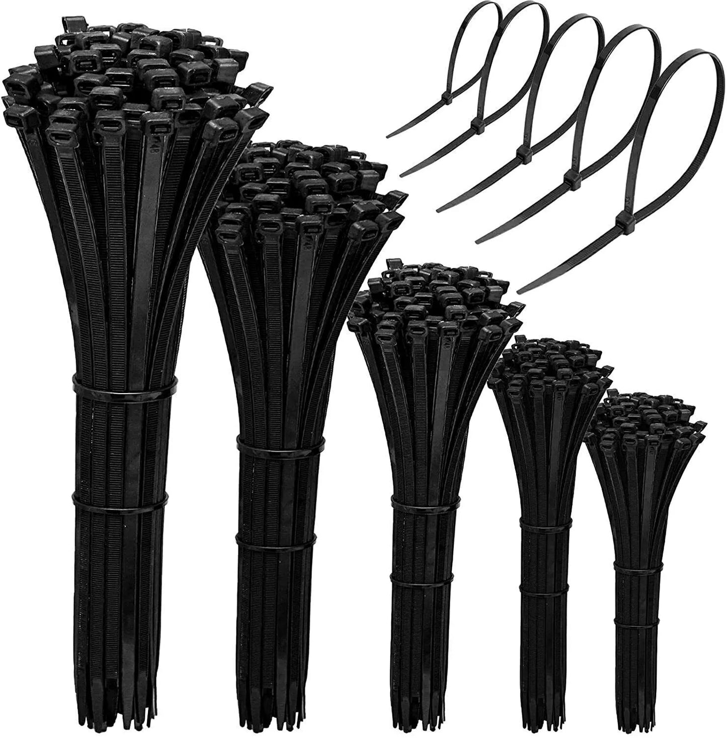 Collection of black cable ties in various sizes on a white background