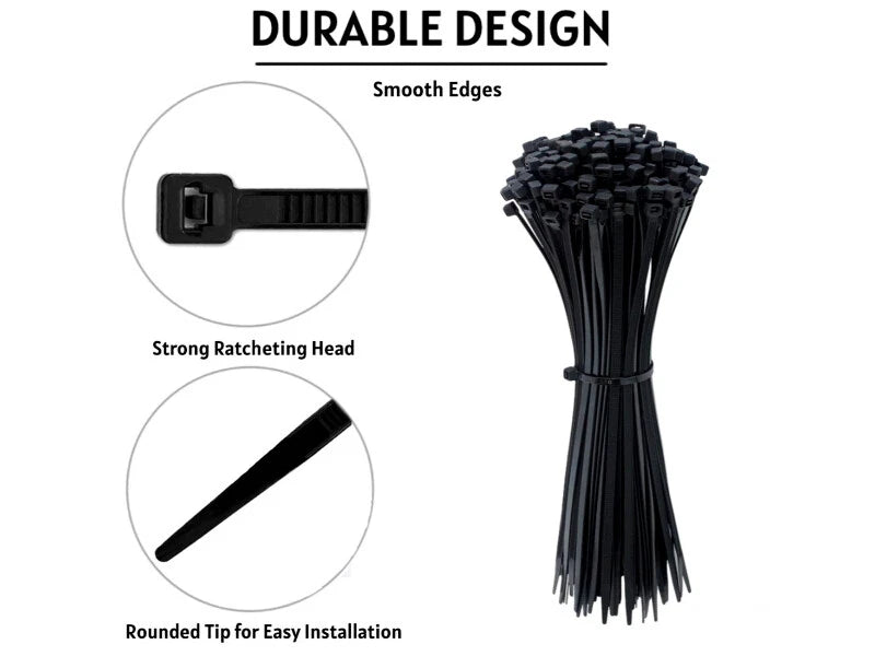 Black cable ties with features highlighted on a white background