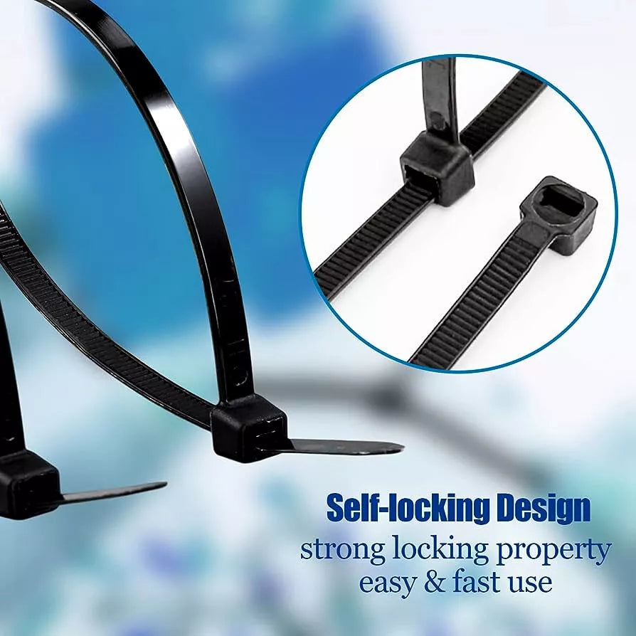 Black cable ties with self-locking design on a blue gradient background
