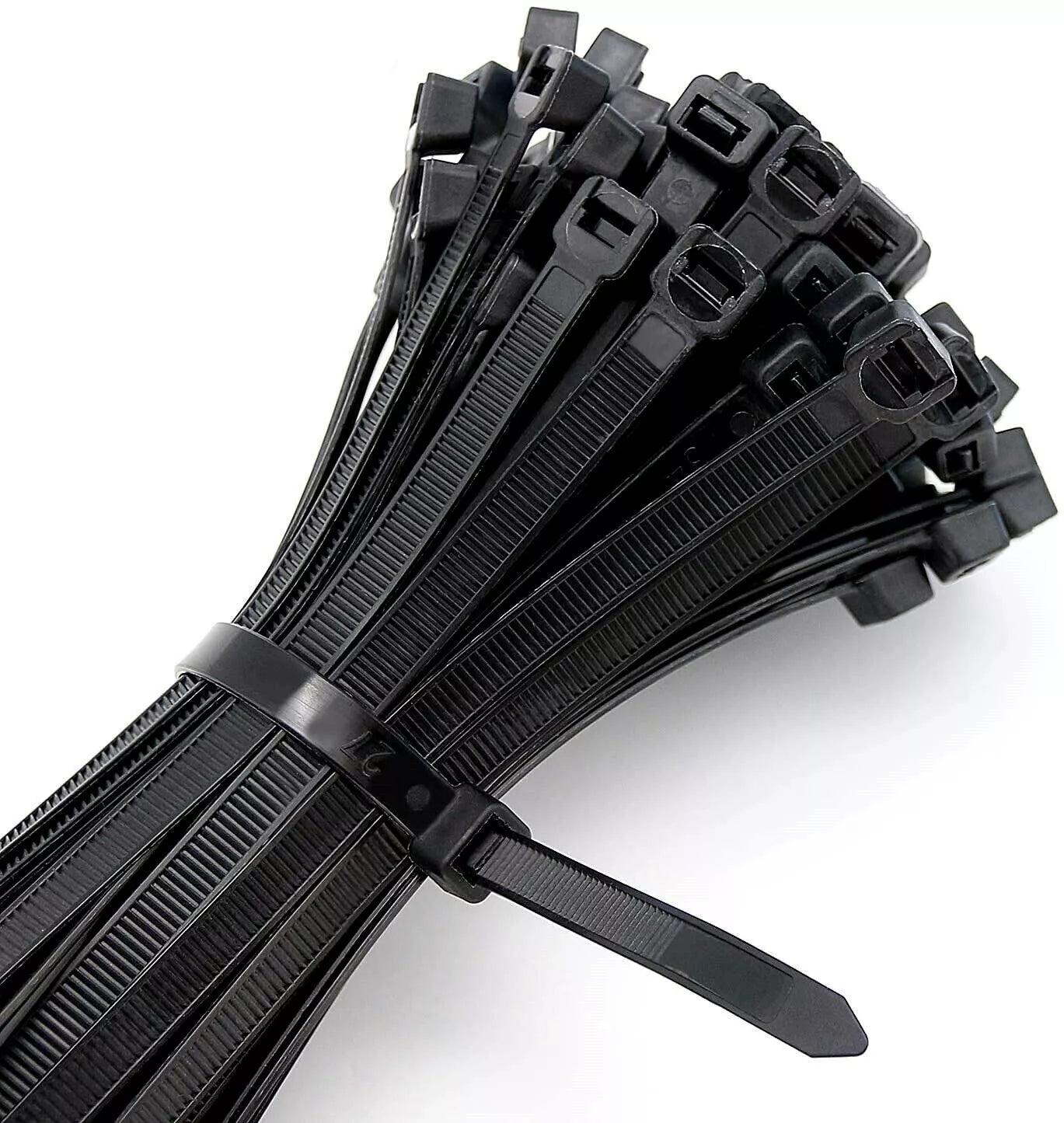 Heavy duty nylon 6/6 Black cable ties on a white background