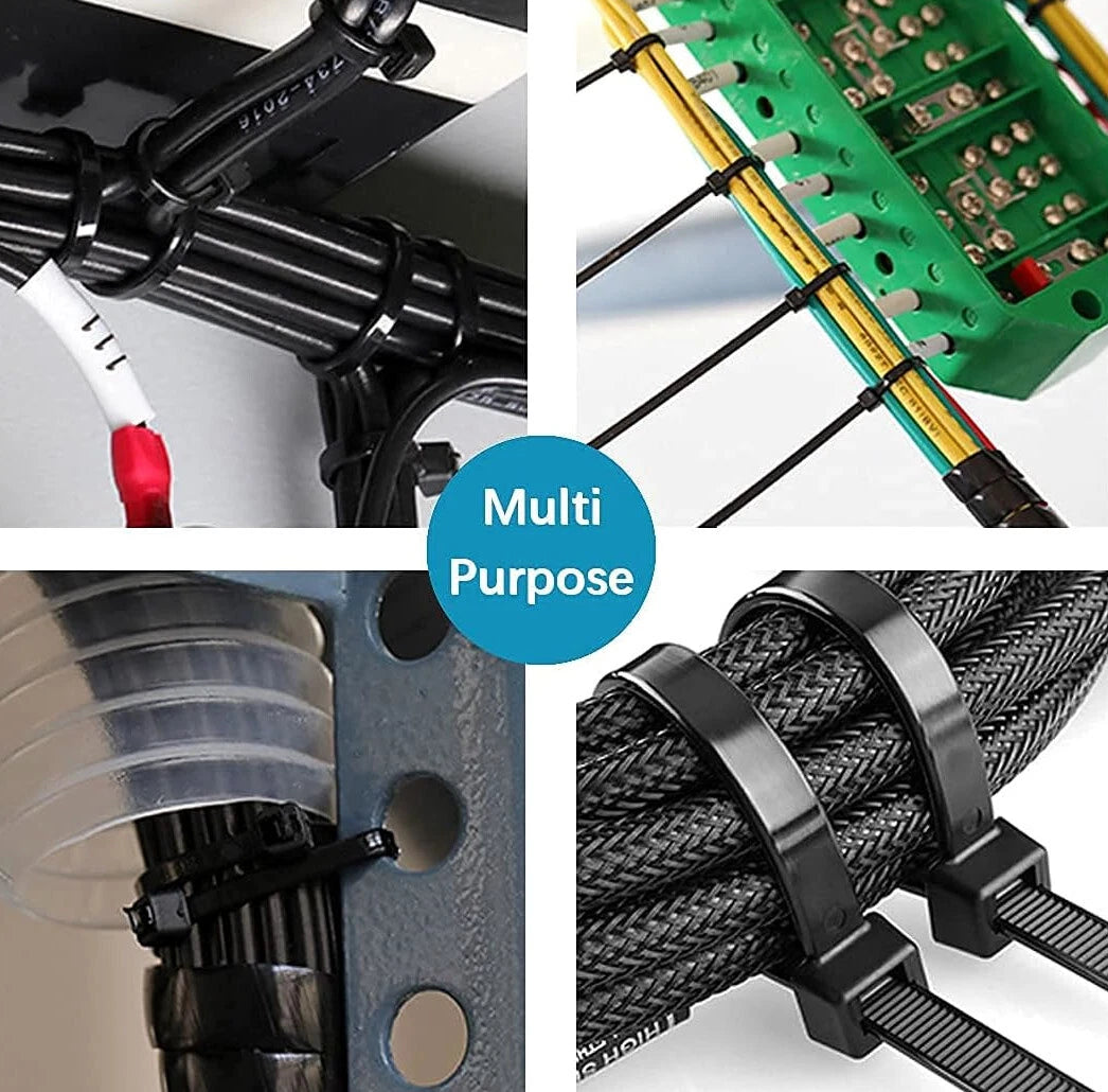 Collage of various cable ties and multi-purpose uses.