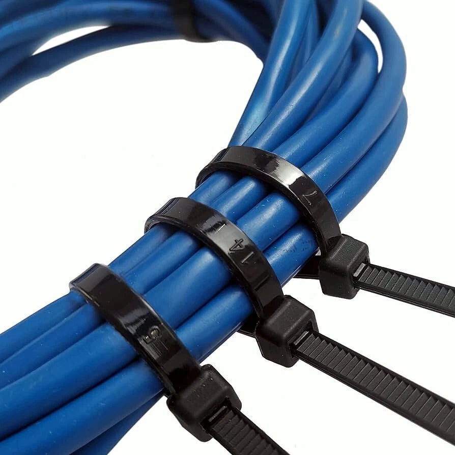 Blue cable with black nylon cable ties on a white background