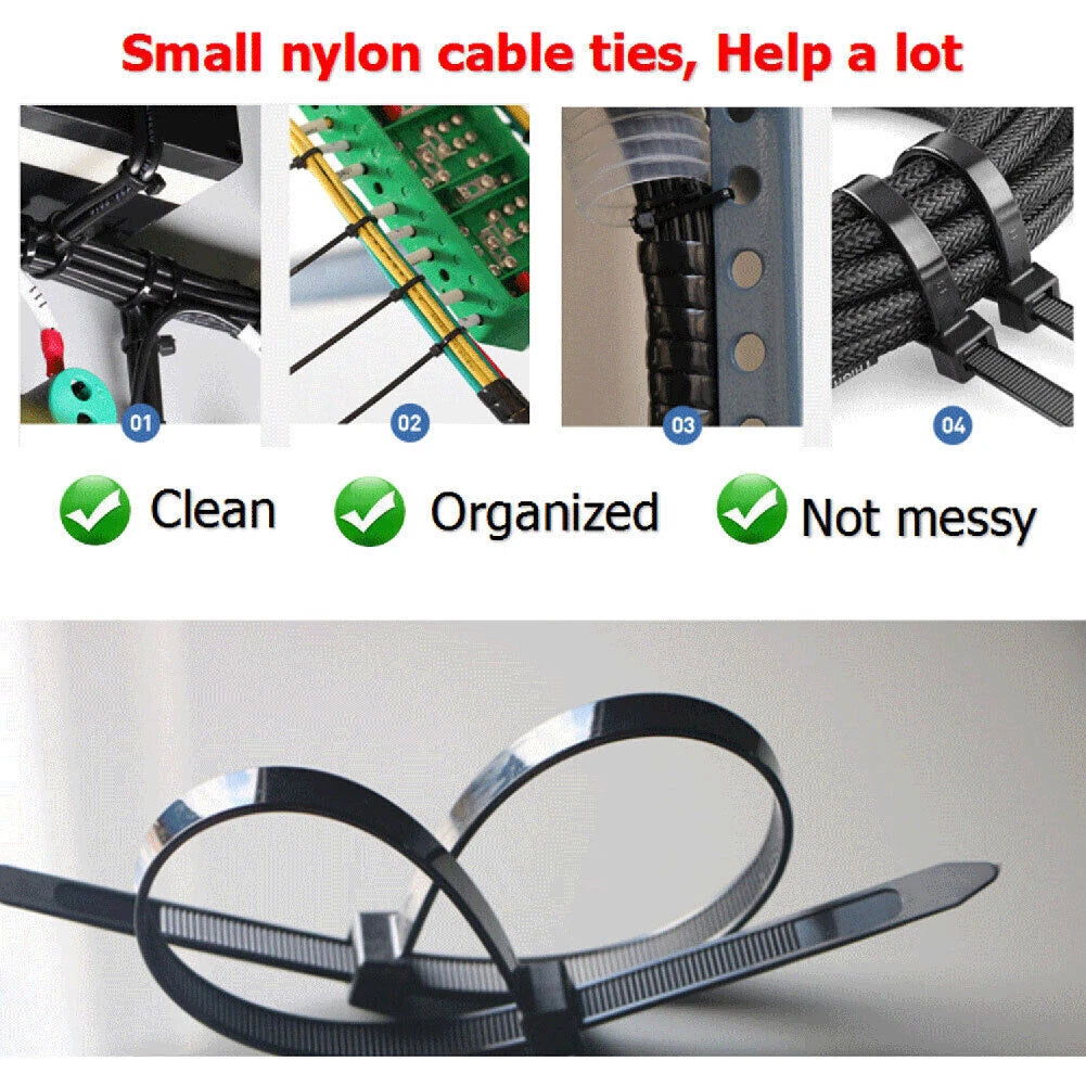 Small nylon cable ties used to organize electronic components and cables with text highlighting benefits.