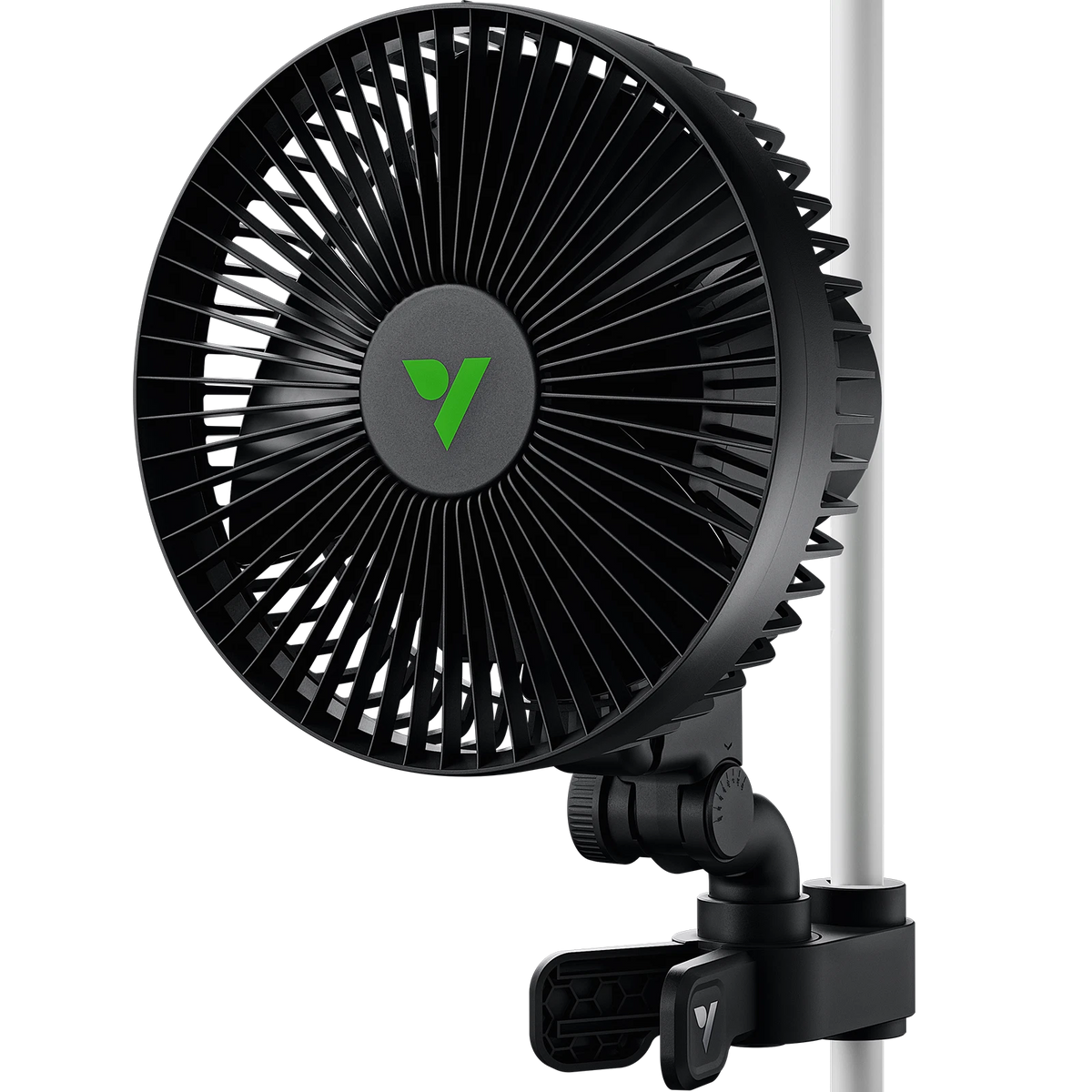 A black portable VIVOSUN grow room fan with a green logo on the center hub, mounted on a silver pole with a black adjustable clamp, shown against a solid white background.