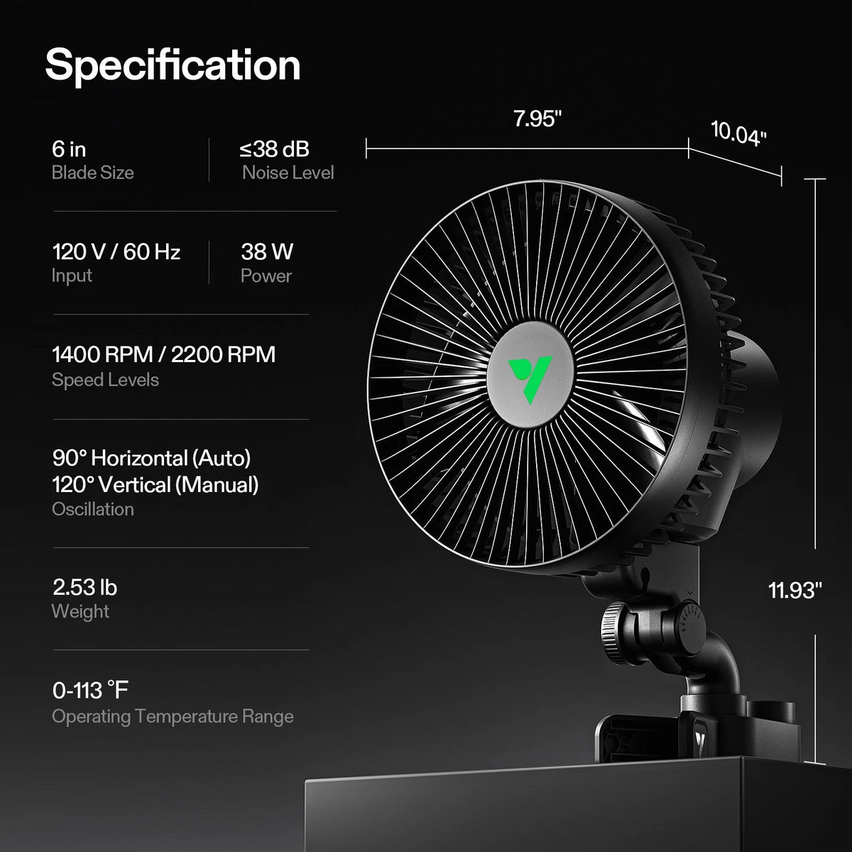Specification chart of a VIVOSUN 6 inch A6 grow room fan with dimensions and features on a black background