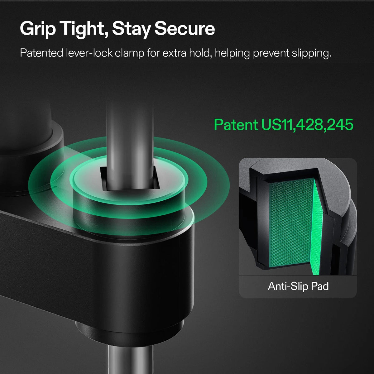 Patented lever-lock clamp with anti-slip pad on VIVOSUN 6 inch grow room fan on a black background