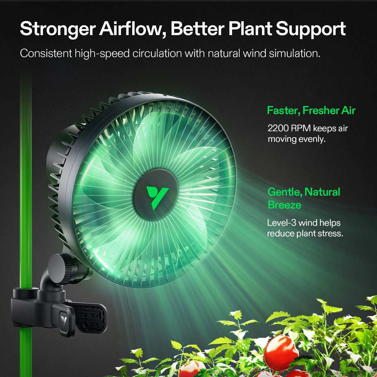 VIVOSUN grow tent fan with green light on a dark background, showing text about airflow and plant support.