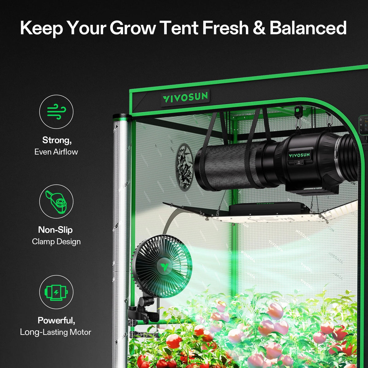 VIVOSUN 6 inch grow room fan in grow tent with ventilation system and plants inside on a dark background